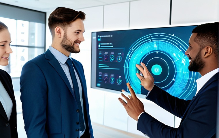 A diverse group of professional business people in modern, modest business attire, gathered around a holographic, glowing AI interface in a bright, contemporary office setting. The interface subtly displays complex data visualizations related to customer sentiment and emotional insights, represented by gentle, flowing patterns and warm, understanding colors. One person gently touches the holographic display, conveying connection and empathy. The overall atmosphere is collaborative and forward-thinking. Fully clothed, appropriate attire, safe for work, perfect anatomy, natural proportions, well-formed hands, proper finger count, professional photography, high quality, professional.
